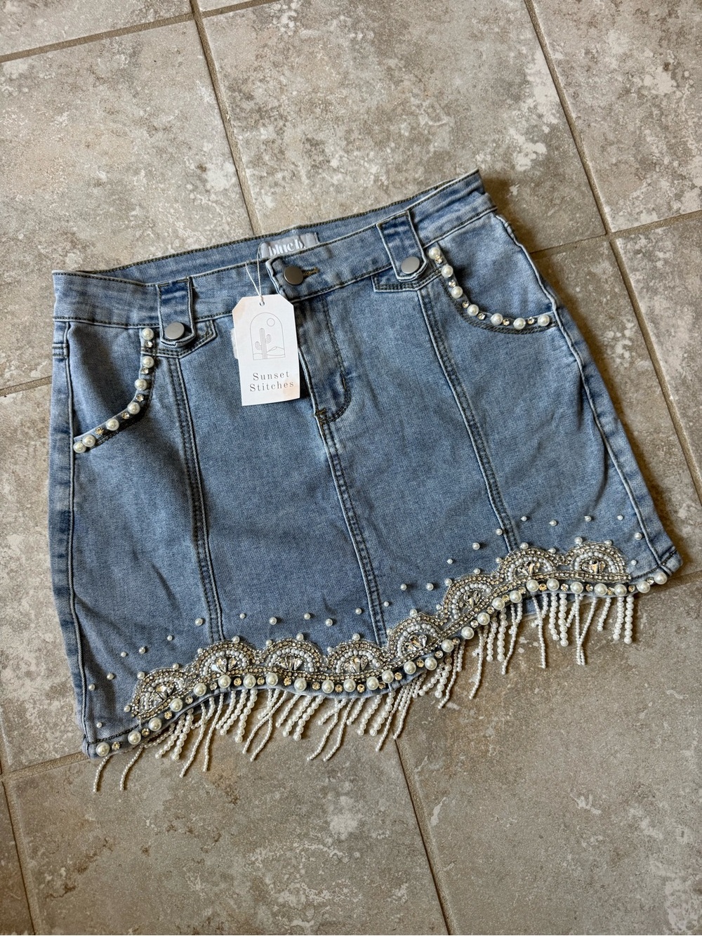 Stitches Pearl & Bead Embellished Light Blue Denim Mini Skirt